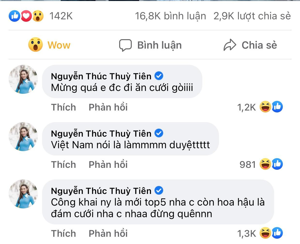 Thuỳ Tiên ngay lập tức vào bình luận, đòi Minh Tú phải tổ chức đám cưới đúng như lời hứa trước đó.