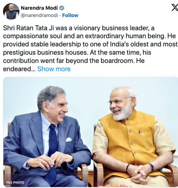 Thủ tướng Narendra Modi đăng bài chia buồn kèm theo bức ảnh chụp cùng tỷ phú Ratan Tata.