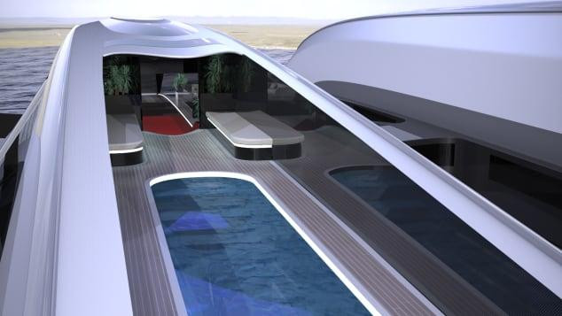 Air Yacht có một phòng khách rộng và bể bơi. Thiết kế: Lazzarini. Air Yacht có một phòng khách rộng và bể bơi. Thiết kế: Lazzarini.