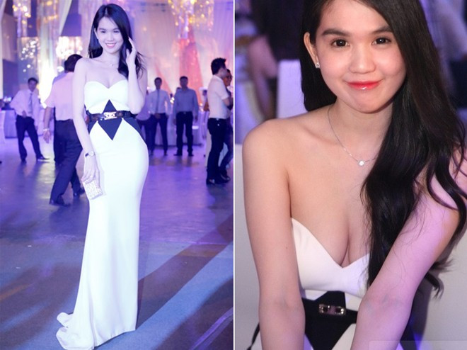 Tại đám cưới của người mẫu Ngọc Thạch, dễ dàng nhận thấy vòng 1 của Ngọc Trinh gần được khoe trọn vẹn trong bộ đầm trắng cúp ngực