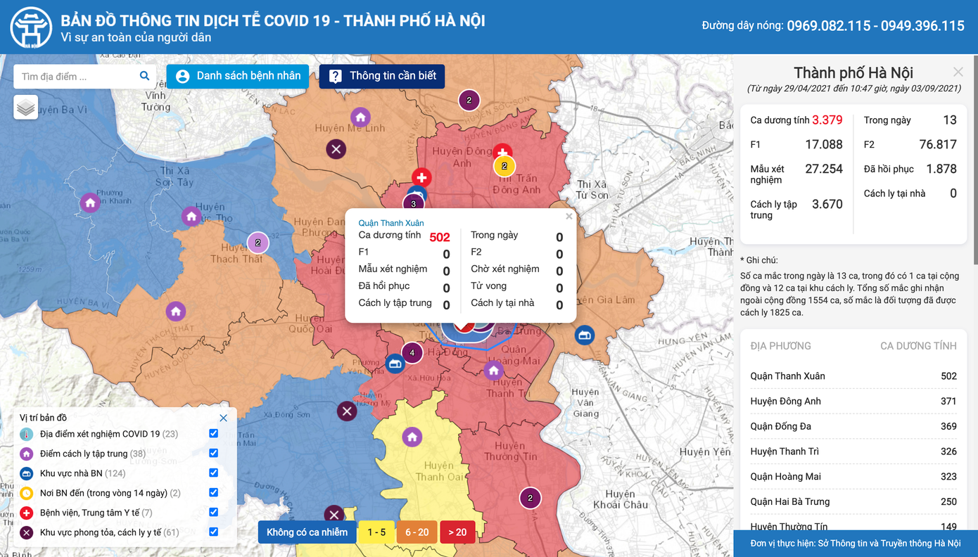 Bản đồ dịch tễ COVID-19 thành phố Hà Nội tính đến trưa 3/9. Ảnh chụp lại màn hình