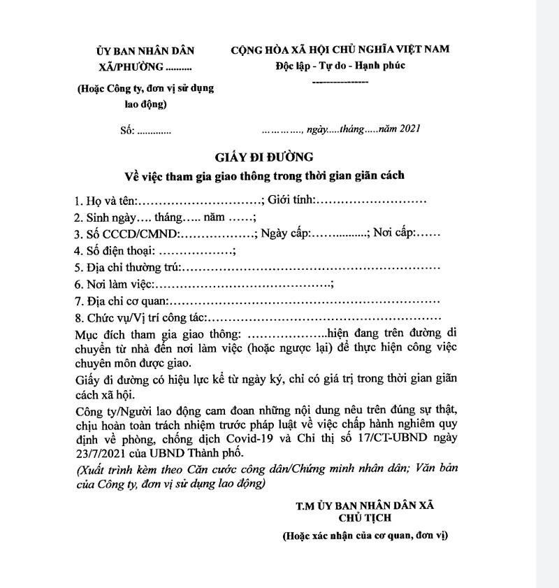 Mẫu giấy đi đường của thành phố Hà nội Mẫu giấy đi đường của thành phố Hà nội