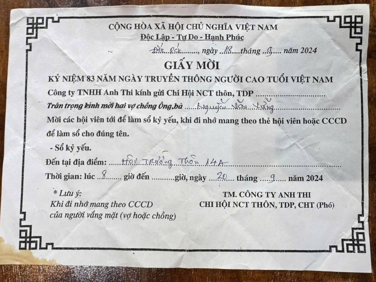 Công ty TNHH in ấn Anh Thi gửi giấy mời người cao tuổi.