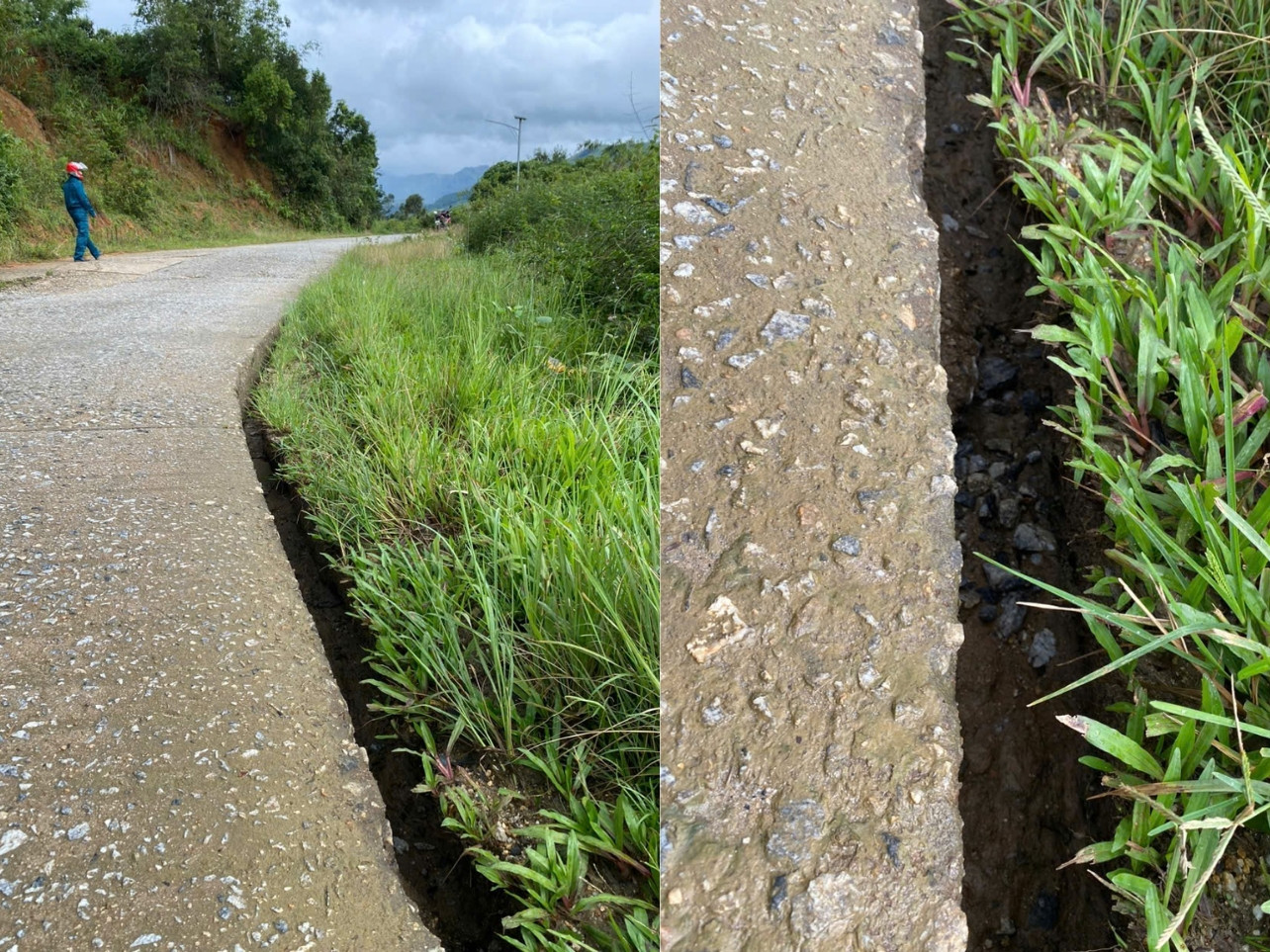 Huyện Tu Mơ Rông ghi nhận tuyến đường bê tông bị nứt gãy dài khoảng 25m