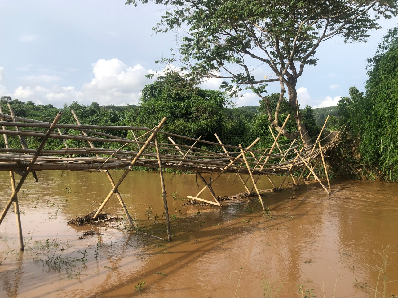 Cầu treo tự phát được dựng bằng tre tại thôn Đăk Tăng (xã Ngọk Tụ, huyện Đăk Tô) ẩn chứa nhiều nguy hiểm