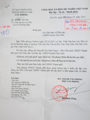 Công văn của UBND TP Hà Nội gửi báo Tiền Phong ngày 8-10