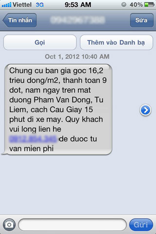 Nhiều khách hàng liên tục bị spam tin nhắn quảng cáo bất động sản