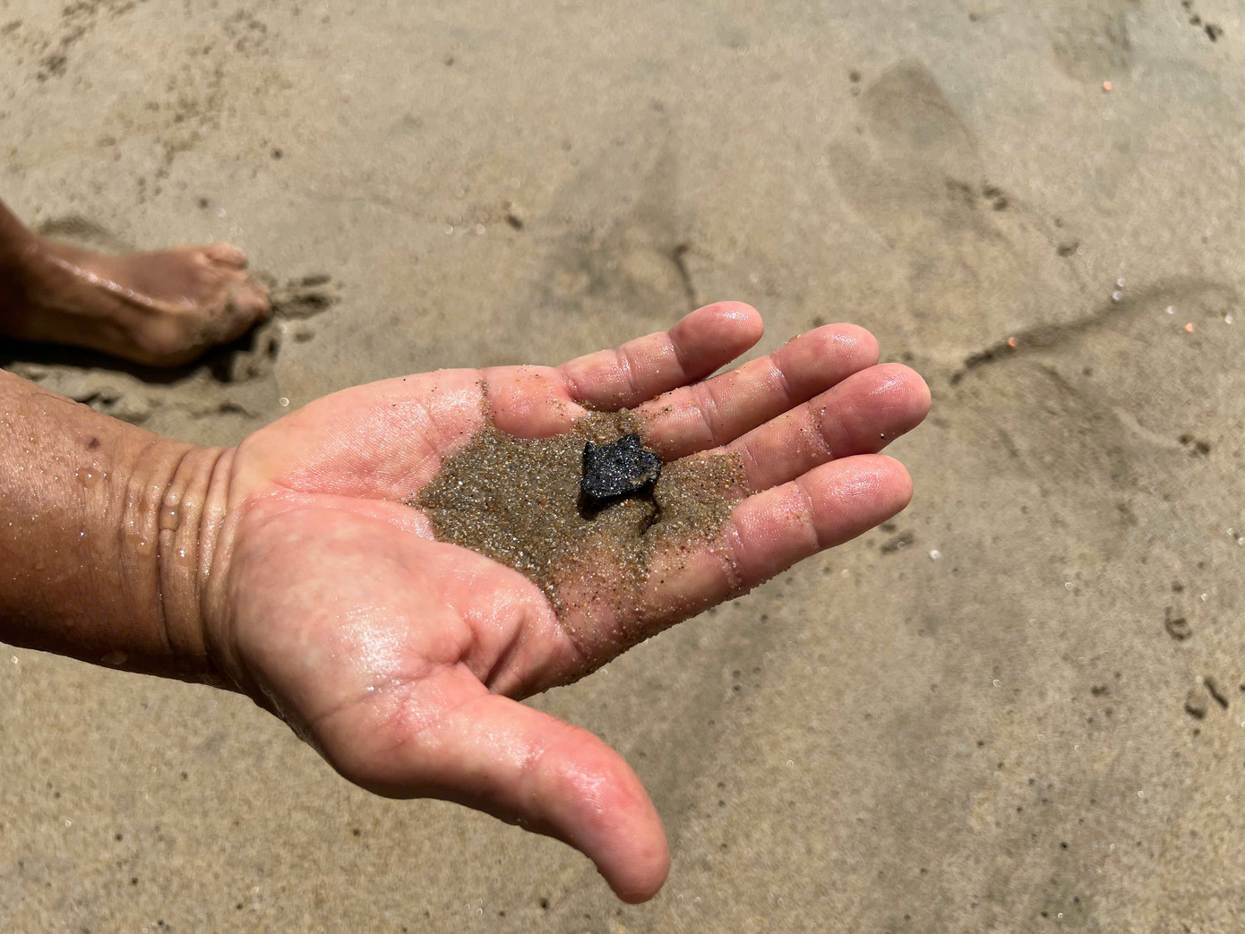 Dầu vón thành cục tại bãi biển Nha Trang khiến du khách ngại tắm. Ảnh: Thanh Thanh.