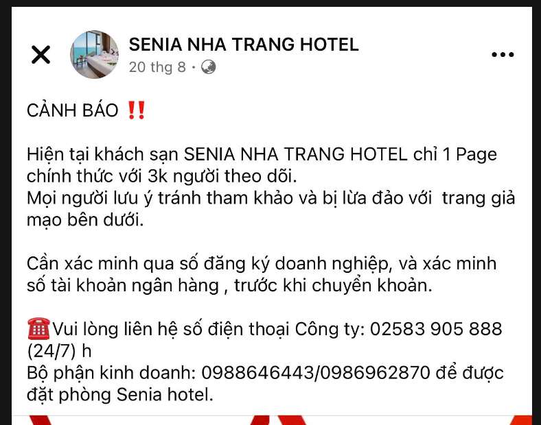 Senia Nha Trang Hotel đăng tải cảnh báo trên fanpage của khách sạn.