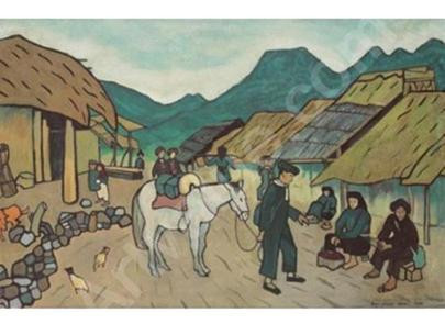 Tranh thật (trên) của họa sĩ Bùi Xuân Phái tại Bảo tàng Mỹ thuật Việt Nam Ảnh: Uyên Ly Tranh giả (dưới) chép lại từ bức Trước giờ biểu diễn được chuyển sang sơn mài, đường nét cứng và vụng về, người đàn ông ở giữa nổi bật lên chứ không chìm xuống như trong tranh thật - Nguồn: Artvalue.com Tranh giả (trên) Cảnh phố Nguyên Bình, nếu nhìn kỹ sẽ thấy đường nét của những ngọn núi phía sau sắc nhọn hơn so với tranh thật (trái)-Nguồn: Artvalue.com Tranh thật Cảnh phố Nguyên Bình của Bùi Xuân Phái hiện đang được treo tại Bảo tàng Mỹ thuật Việt Nam (phải)- Ảnh: Uyên Ly