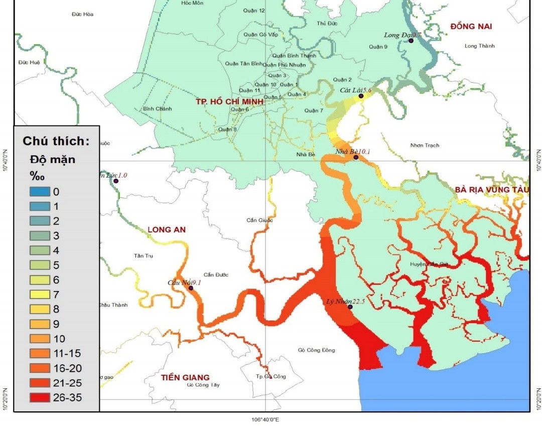 Bản đồ dự báo phân bố độ mặn cao nhất tuần ở khu vực TPHCM. Nguồn: Đài Khí tượng Thủy văn khu vực Nam Bộ.