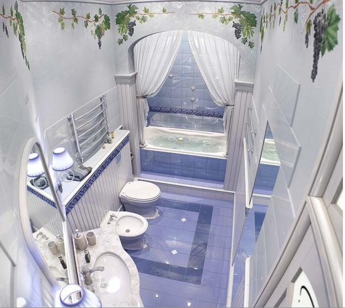 Phòng ngủ với gam màu xanh lam làm chủ đạo. Phòng tắm