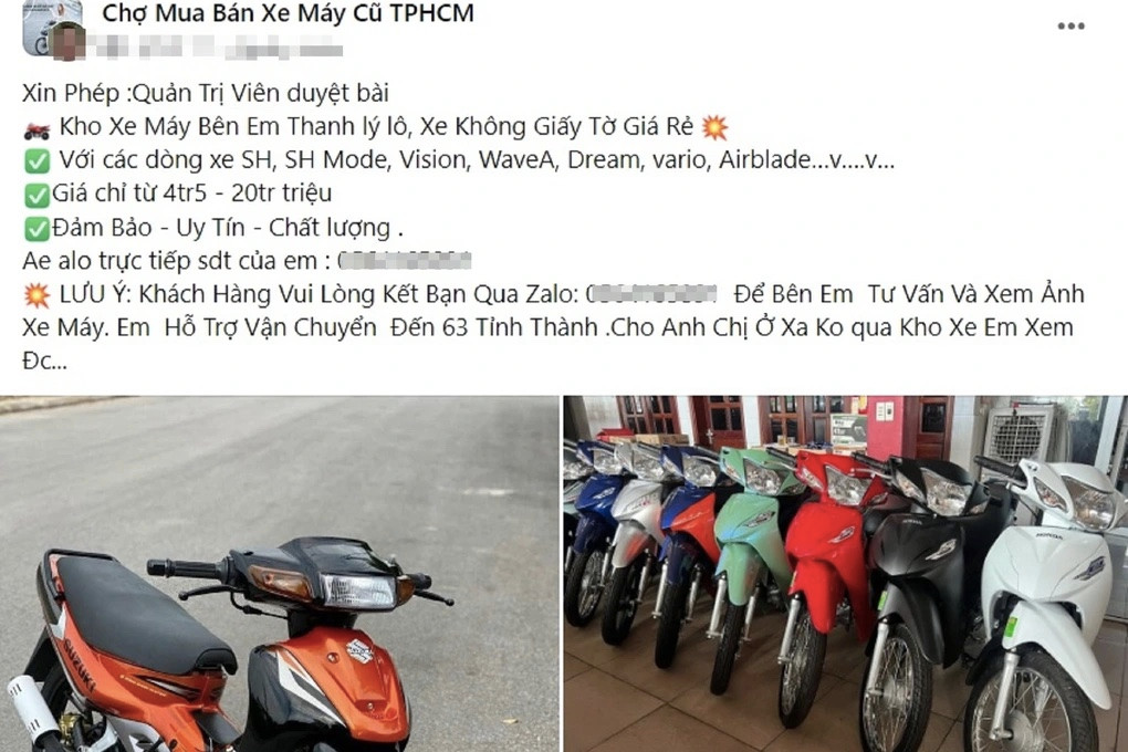 Hàng loạt bài rao bán xe máy không giấy tờ trên các hội nhóm trên mạng xã hội (Ảnh: Mạng xã hội).