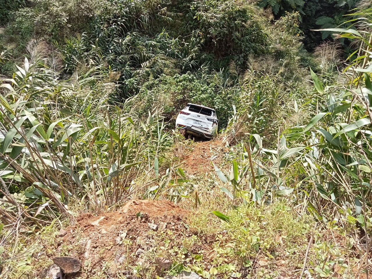 Ô tô con nghi mất lái đâm xuống vực sâu khoảng 20 mét. Ảnh: Phan Vĩnh