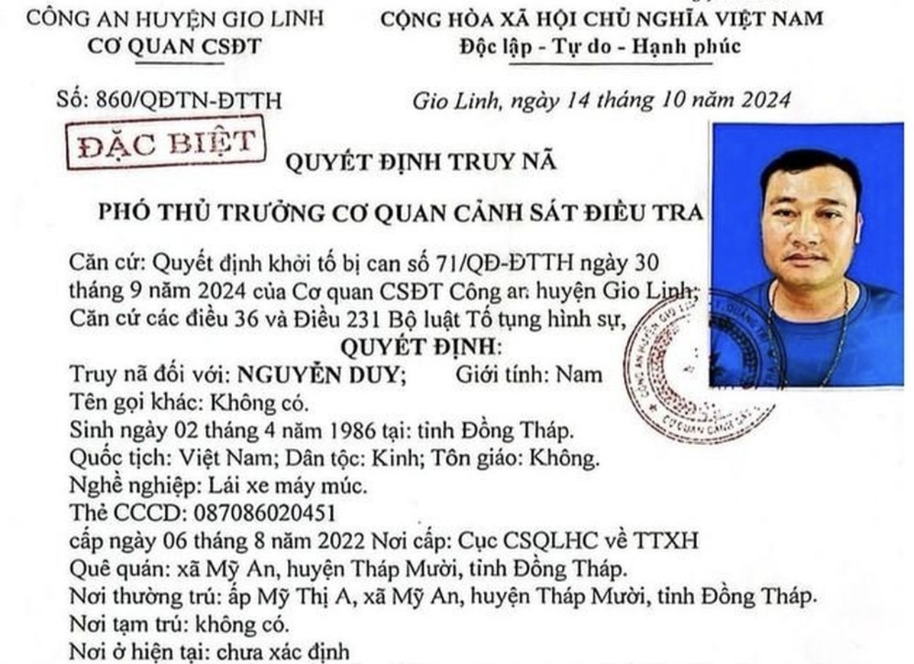 Đối tượng Nguyễn Duy bị truy nã đặc biệt. Ảnh: CA Đối tượng Nguyễn Duy bị truy nã đặc biệt. Ảnh: CA