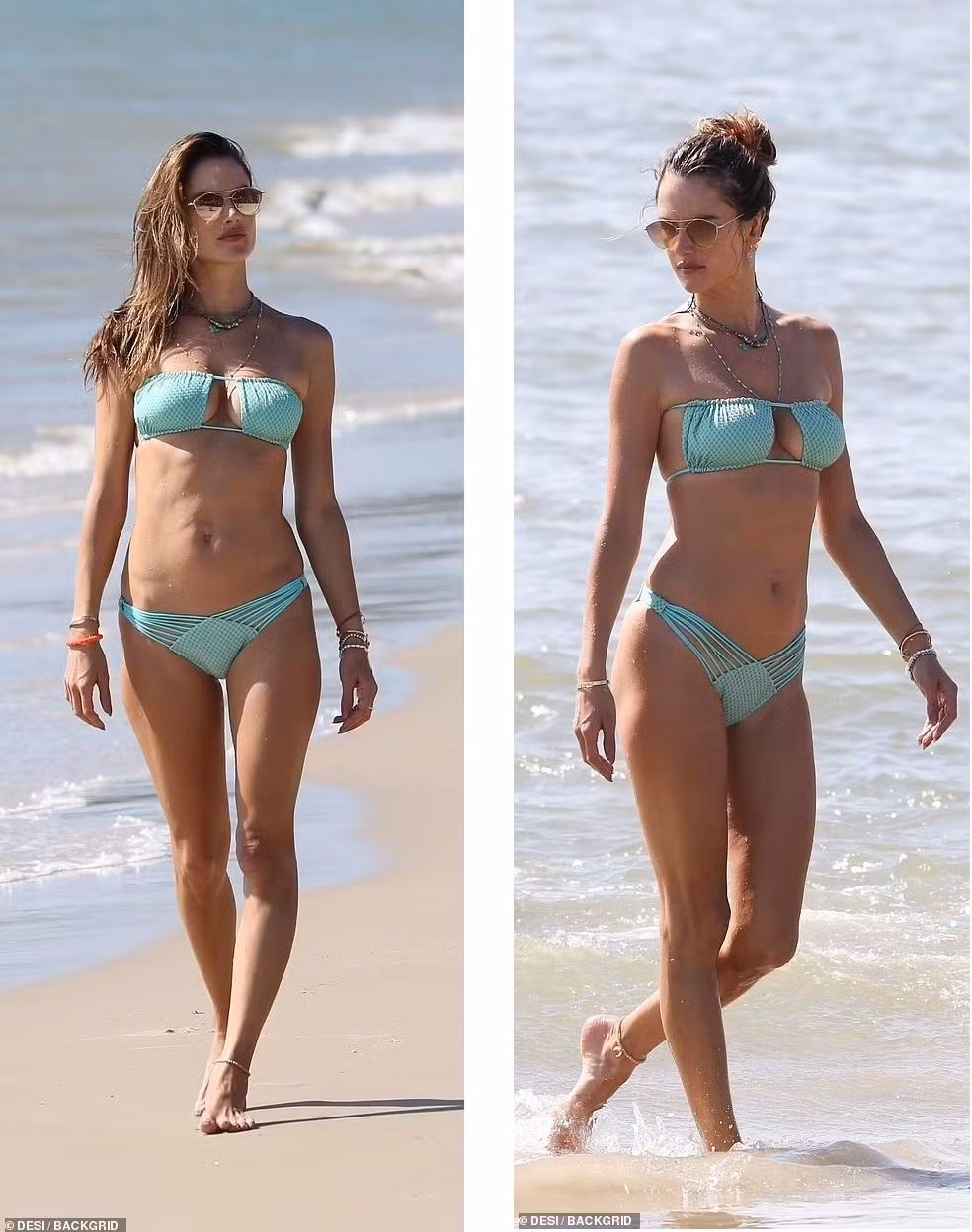 Trên bãi biển, cựu thiên thần nội y diện bikini bé xíu màu xanh bạc hà, với chi tiết khoét ngực khoe vòng một sexy. Cô cũng khoe triệt để vóc dáng cao 1m77, với khung xương mảnh mai và làn da rám nắng.