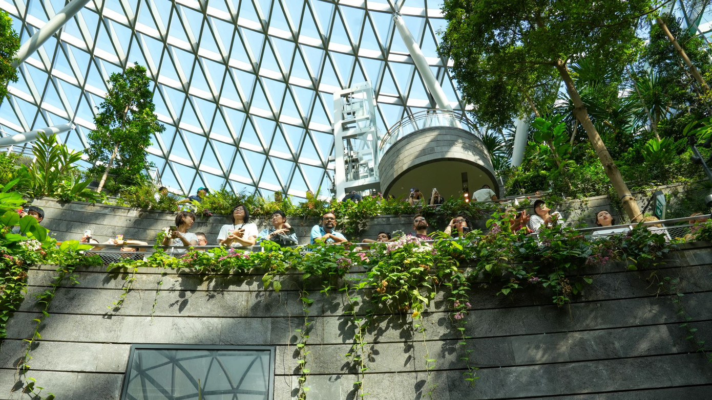 Hành khách thảnh thơi tận hưởng không khí xanh mát trong thời gian chờ chuyến bay.