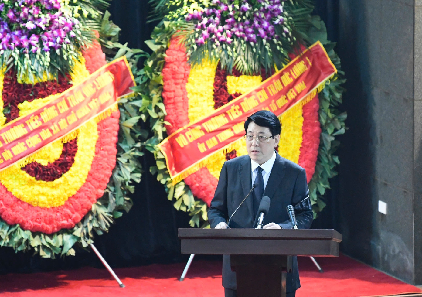 Chủ tịch nước Lương Cường, Trưởng ban Lễ tang đọc điếu văn tại lễ truy điệu nguyên Chủ tịch nước Trần Đức Lương (Ảnh: Như Ý).