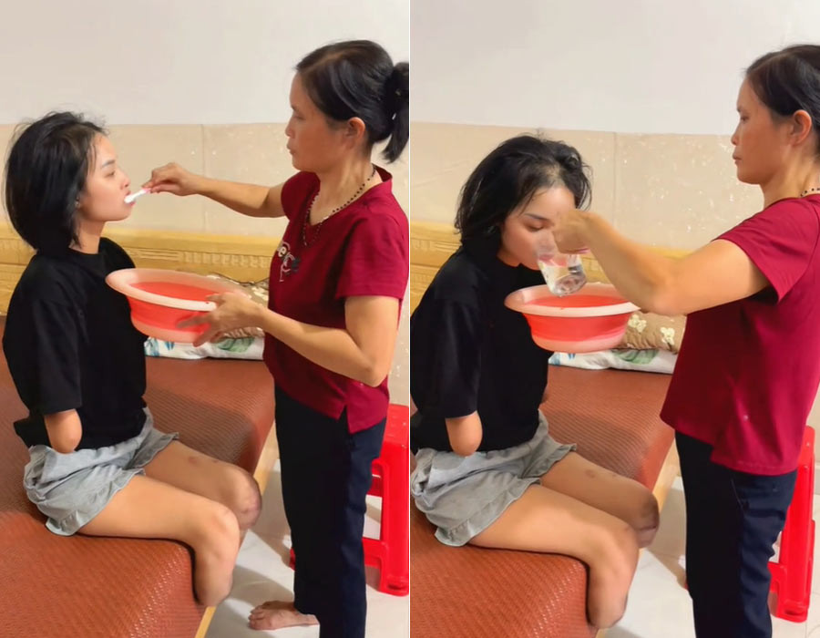 Nga được mẹ chăm sóc tỉ mỉ từng chút một. Ảnh: NVCC