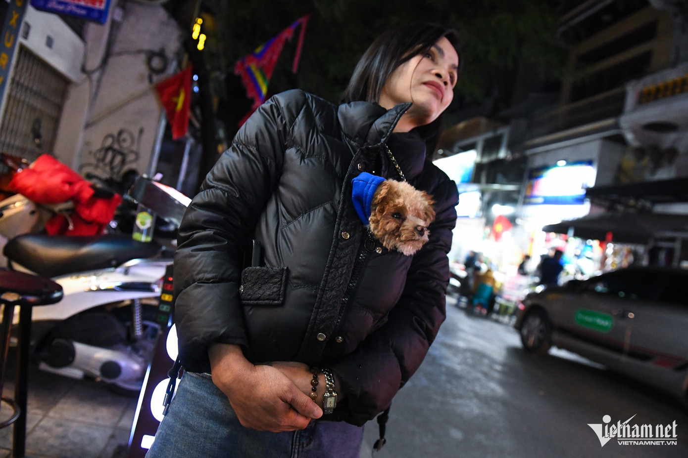 Chú chó Tom được bà chủ cho nằm gọn trong áo khoác, đứng chờ khách ở một cửa hàng trên phố cổ Hà Nội. Chú chó Tom được bà chủ cho nằm gọn trong áo khoác, đứng chờ khách ở một cửa hàng trên phố cổ Hà Nội.