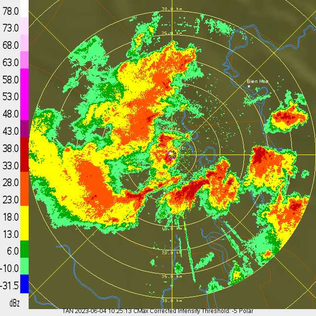 Sản phẩm Radar CMAX thể hiện độ phản hồi cực đại của khối mây CB tại khu vực sân bay quốc tế Tân Sơn Nhất. Nguồn: Tổng công ty Quản lý bay Việt Nam Sản phẩm Radar CMAX thể hiện độ phản hồi cực đại của khối mây CB tại khu vực sân bay quốc tế Tân Sơn Nhất. Nguồn: Tổng công ty Quản lý bay Việt Nam
