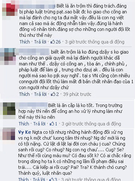 Nhiều ý kiến cho rằng đánh đập tên trộm như vậy dã man quá. (Ảnh chụp từ Facebook)