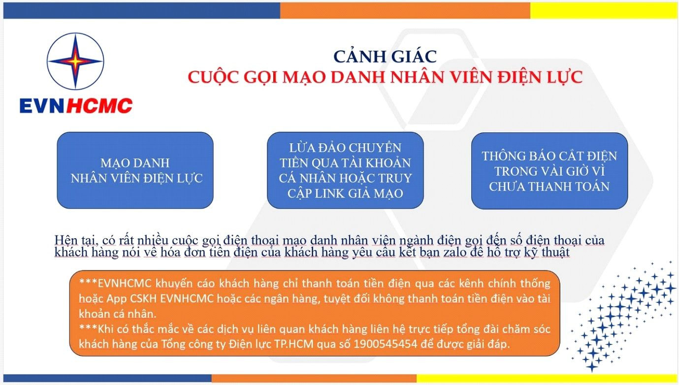 Cảnh báo của EVNHCMC về sự giả danh ngành điện để lừa đảo khách hàng. Cảnh báo của EVNHCMC về sự giả danh ngành điện để lừa đảo khách hàng.