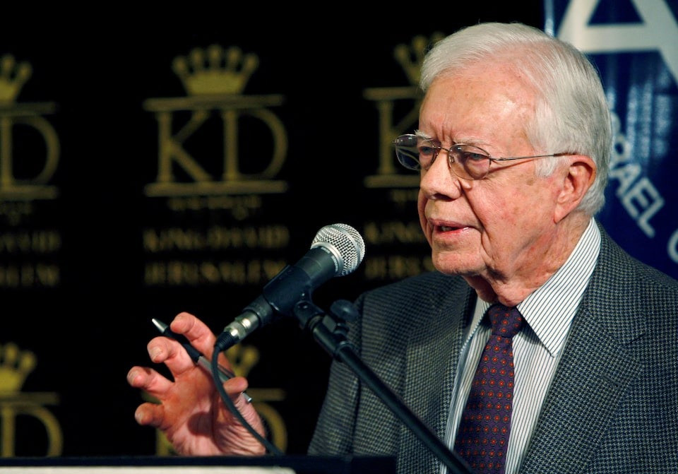Cựu Tổng thống Mỹ Jimmy Carter có bài phát biểu tại Jerusalem ngày 21/4/2008, sau các cuộc đàm phán tại Syria và Ai Cập với các nhà lãnh đạo Hamas. (Ảnh: Reuters) Cựu Tổng thống Mỹ Jimmy Carter có bài phát biểu tại Jerusalem ngày 21/4/2008, sau các cuộc đàm phán tại Syria và Ai Cập với các nhà lãnh đạo Hamas. (Ảnh: Reuters)