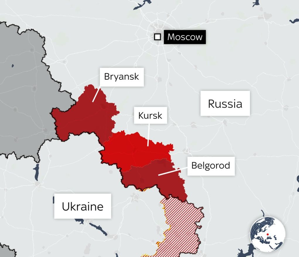 Các Vùng Bryansk, Kursk, Belgorod giáp Ukraine. (Ảnh: Sky News) Các Vùng Bryansk, Kursk, Belgorod giáp Ukraine. (Ảnh: Sky News)