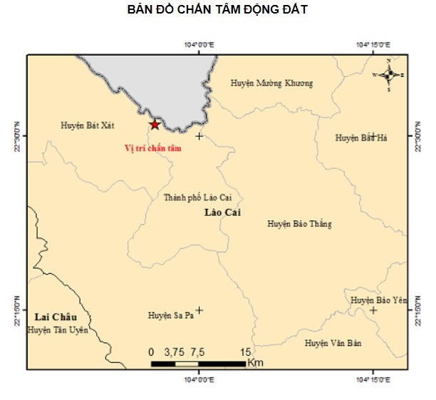 Tâm chấn động đất nằm trên địa bàn thành phố Lào Cai. Ảnh: Viện Vật lý Địa cầu. Tâm chấn động đất nằm trên địa bàn thành phố Lào Cai. Ảnh: Viện Vật lý Địa cầu.