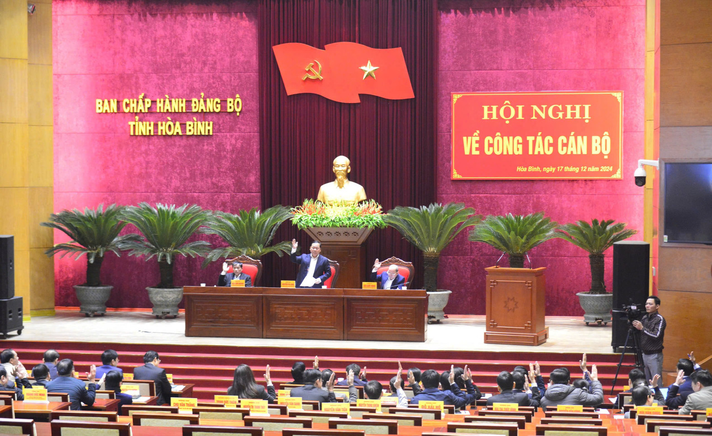 Toàn cảnh hội nghị thực hiện quy trình về công tác cán bộ tỉnh Hòa Bình.