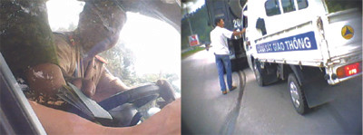 CSGT ngồi trong xe tuần tra, lái xe đứng ngoài cửa xe “xuất trình giấy tờ”