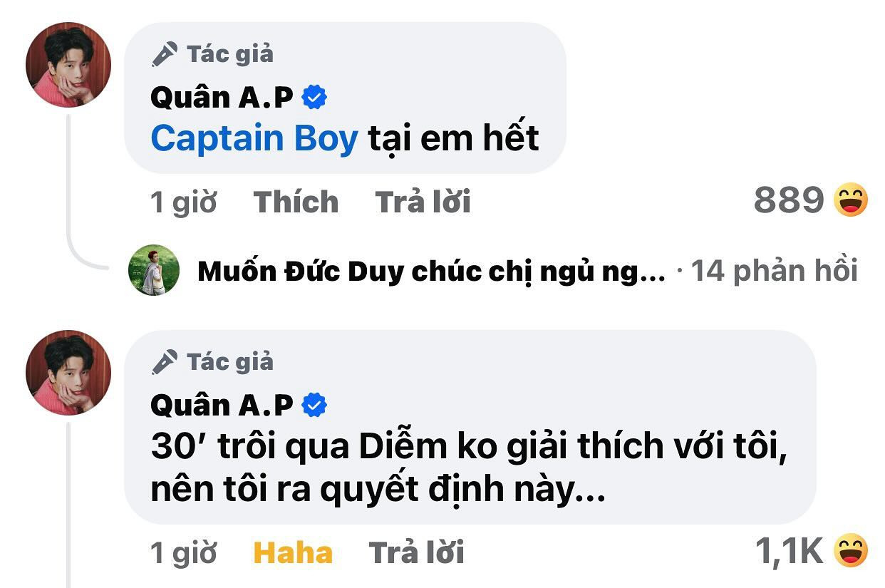 Thường bị fan than thở là lowkey đến nỗi từng quên share chính MV của mình trên Facebook cá nhân nhưng Quân A.P truyền thông hết mình cho cậu em Captain. Thường bị fan than thở là lowkey đến nỗi từng quên share chính MV của mình trên Facebook cá nhân nhưng Quân A.P truyền thông hết mình cho cậu em Captain.