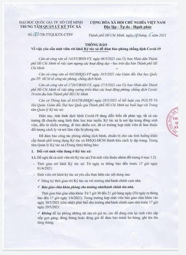 Thông báo của Trung tâm quản lý ký túc xá ĐHQG TP.HCM