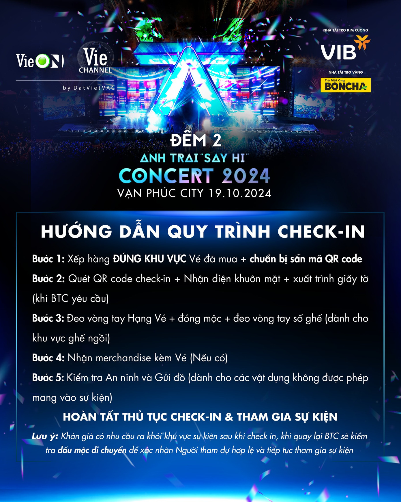 Tại concert D-2, khi check-in người tham dự phải thực hiện đồng thời 3 bước: Quét mã vé, nhận diện khuôn mặt và xuất trình giấy tờ (khi được yêu cầu). Tại concert D-2, khi check-in người tham dự phải thực hiện đồng thời 3 bước: Quét mã vé, nhận diện khuôn mặt và xuất trình giấy tờ (khi được yêu cầu).