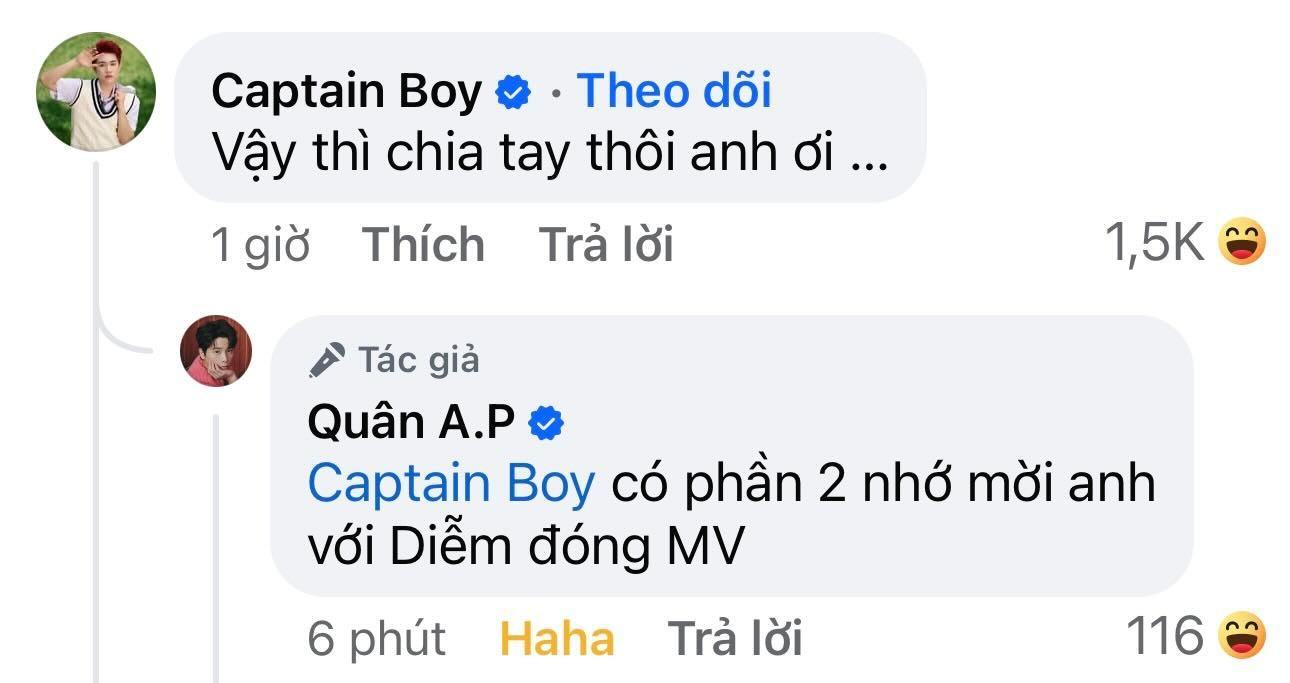 Thường bị fan than thở là lowkey đến nỗi từng quên share chính MV của mình trên Facebook cá nhân nhưng Quân A.P truyền thông hết mình cho cậu em Captain. Thường bị fan than thở là lowkey đến nỗi từng quên share chính MV của mình trên Facebook cá nhân nhưng Quân A.P truyền thông hết mình cho cậu em Captain.