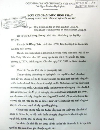 Lá đơn xin giảm án của con gái bà Liễu