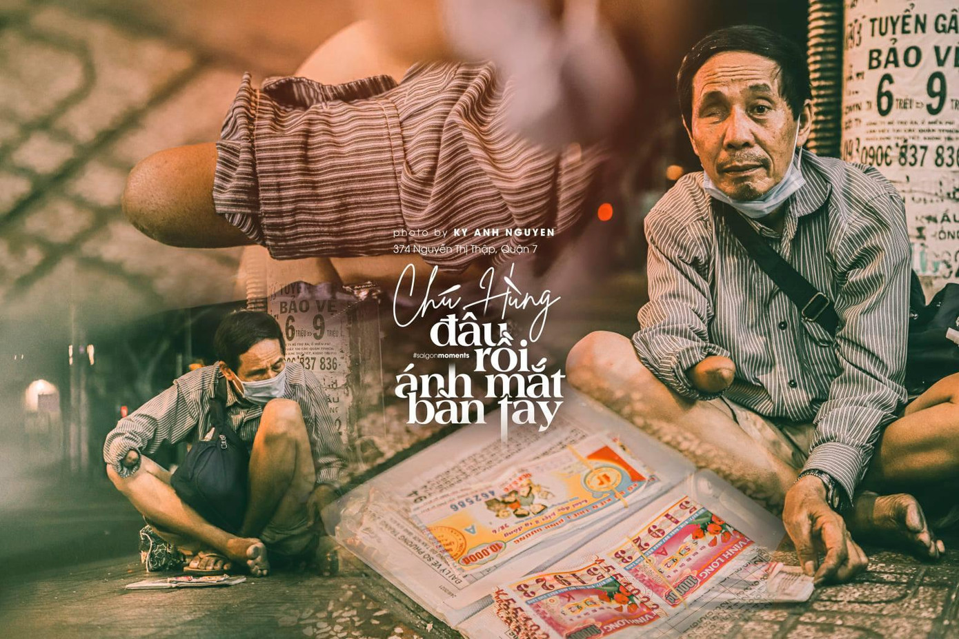 Chú Hùng bị hư một mắt và mất một bàn tay, hiện đang mưu sinh bằng công việc bán vé số trên vỉa hè đường Nguyễn Thị Thập, quận 7 vào mỗi đêm