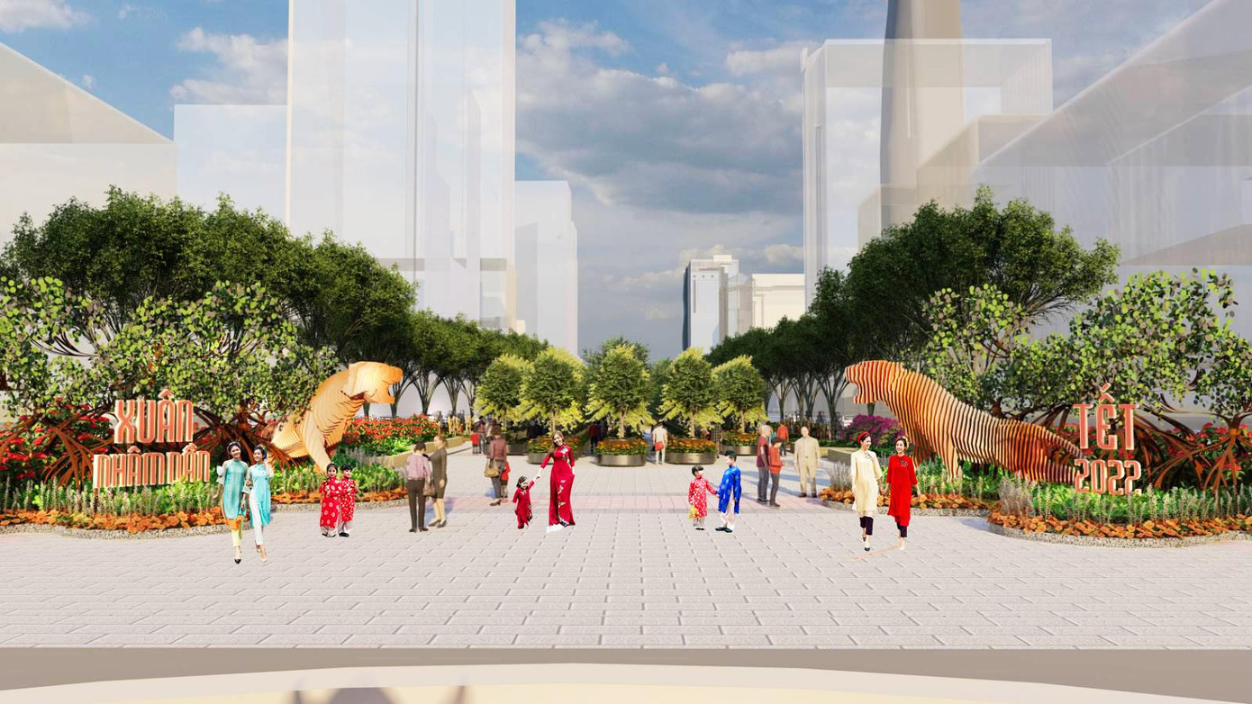 Hình tượng “Song hổ tương phùng” uy nghi đặt ở hai bên lối cổng chào đường hoa - Ảnh phối cảnh: BTC Hình tượng “Song hổ tương phùng” uy nghi đặt ở hai bên lối cổng chào đường hoa - Ảnh phối cảnh: BTC