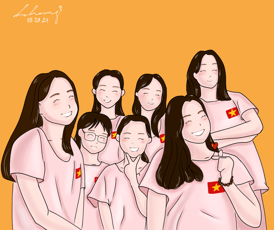 Hình ảnh các cô gái đang ngày đêm chống dịch cũng được tái hiện qua tranh của Hoa Trang.