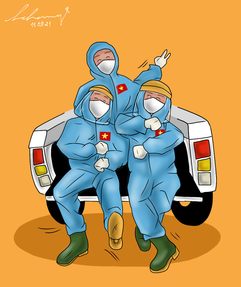 Vốn yêu thích bài hát &quot;Bài ca tôm cá&quot;, nên khi thấy các tình nguyện viên múa bài này, nữ sinh liền vẽ luôn.