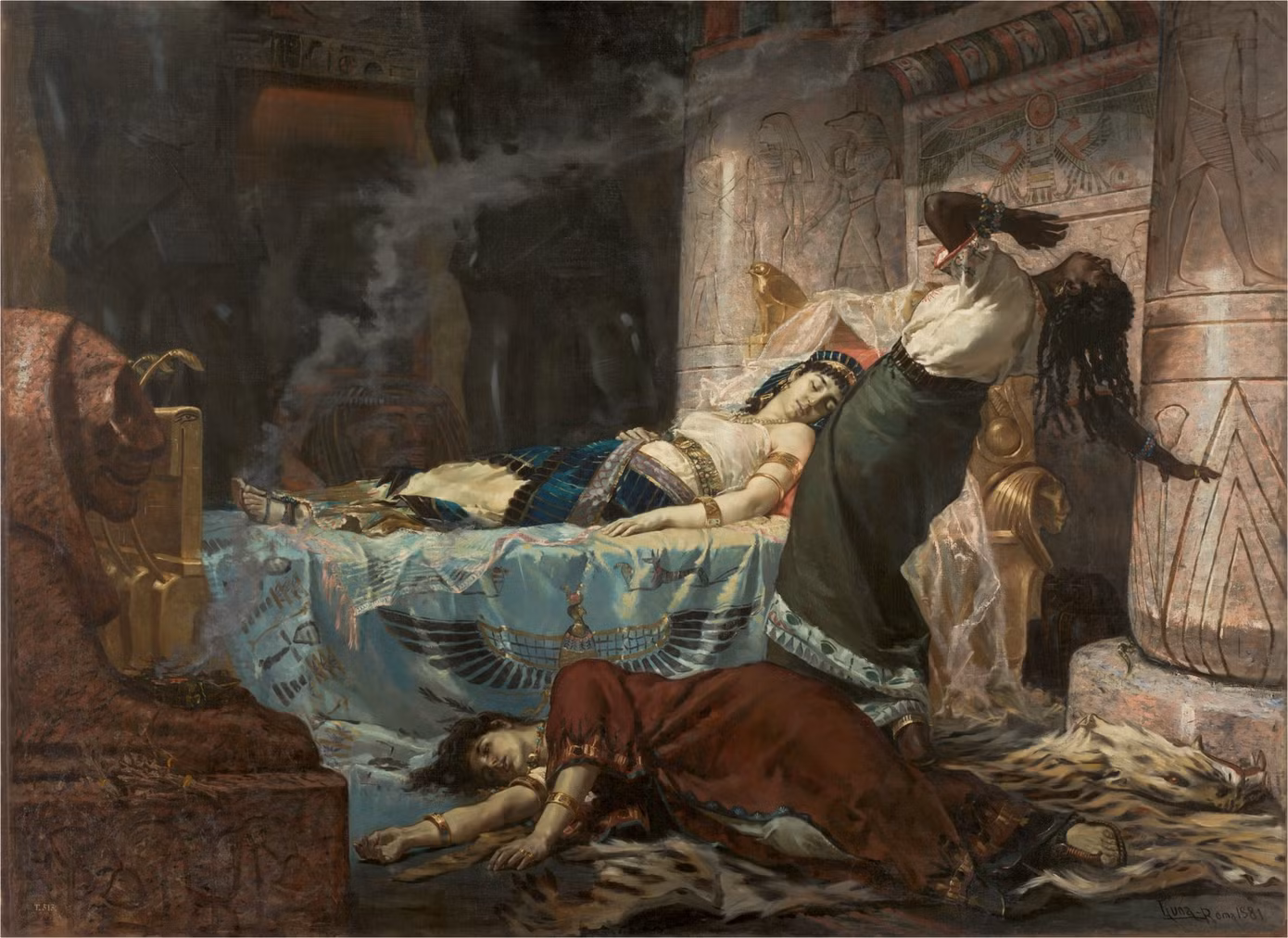 Trong tranh “Cái chết của Cleopatra” có hình con rắn đang trườn đi ở chân cột (nữ hoàng Ai Cập được cho là tử vong sau khi để rắn cắn). Tranh: Juan Luna