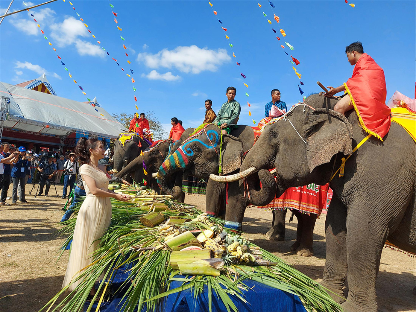Du khách thích thú xem tiệc buffet cho voi tại Hội voi Buôn Đôn năm 2025. Ảnh: Tuấn Nguyễn