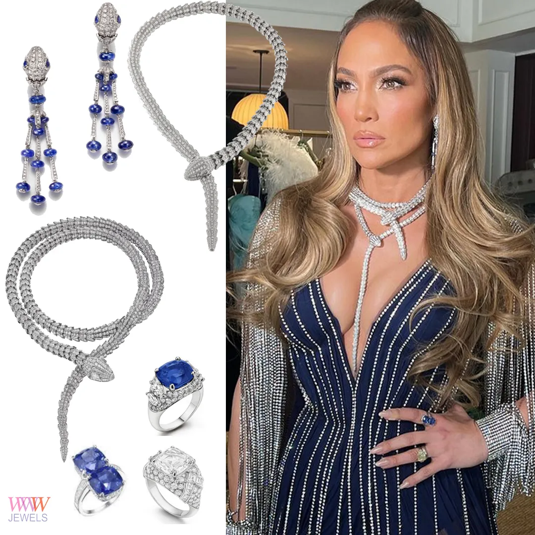 Lopez xuất hiện tại lễ trao giải Grammy 2023 với dây chuyền và hoa tai thiết kế Serpenti của Bulgari, gồm kim cương, vàng trắng, sapphire xanh, trị giá hơn 150.000 USD. Ảnh: WwwJewels