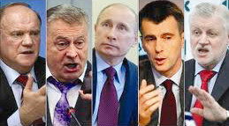 Các ứng viên Tổng thống Nga (từ trái sang: Ziuganov, Zhirinovski, Putin, Prokhorov, Mironov). Các ứng viên Tổng thống Nga (từ trái sang: Ziuganov, Zhirinovski, Putin, Prokhorov, Mironov)