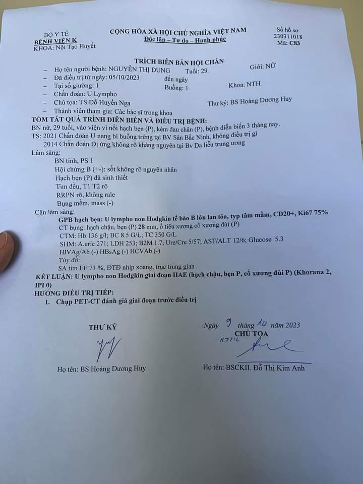 Biên bản hội chẩn bệnh của Dung tại bệnh viện K Tân Triều Biên bản hội chẩn bệnh của Dung tại bệnh viện K Tân Triều