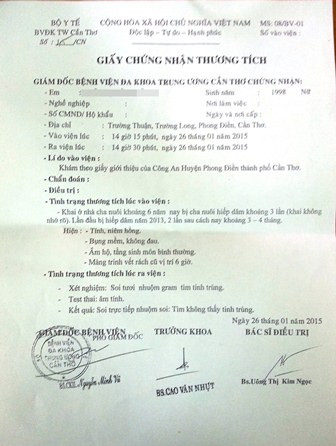 Chứng nhận của bệnh viện Đa khoa Trung ương Cần Thơ về tổn thương trên cơ thể T.