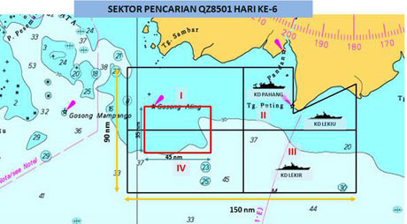 Bản đồ khu vực khả dĩ của xác máy bay QZ8501 (vùng màu đỏ với kích thước 85x65 km)