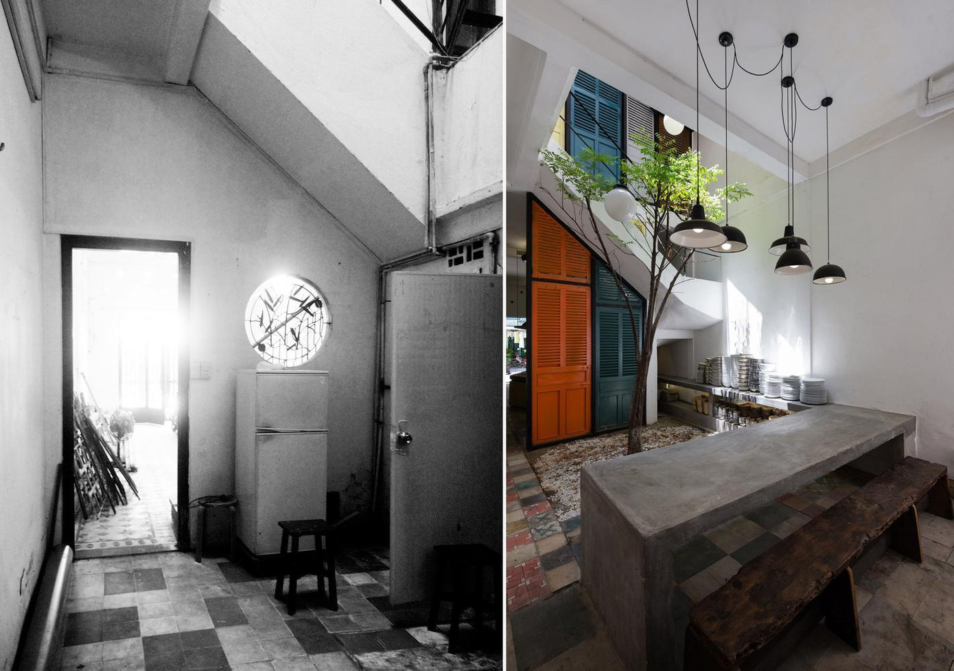 Vật liệu của các bức tường và sàn nhà vẫn được giữ nguyên. Bề mặt xi măng không tinh chế, cửa sổ bằng gỗ jalousie và phên tre trên trần tạo nên một không gian vừa hiện đại vừa cổ kính, đồng thời làm sống lại kiến trúc Việt Nam những năm 60-70. Vật liệu của các bức tường và sàn nhà vẫn được giữ nguyên. Bề mặt xi măng không tinh chế, cửa sổ bằng gỗ jalousie và phên tre trên trần tạo nên một không gian vừa hiện đại vừa cổ kính, đồng thời làm sống lại kiến trúc Việt Nam những năm 60-70.