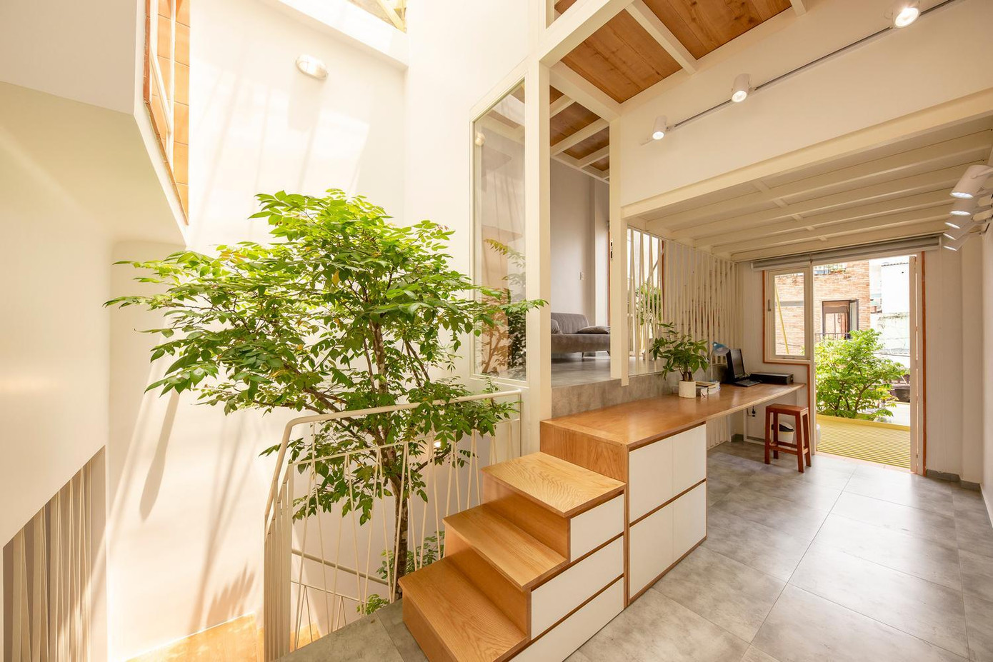 Cầu thang nhà vòng qua một cây khế được trồng bên dưới giếng trời để ngôi nhà vừa có ánh nắng vừa có sự xanh mát của cây cối.